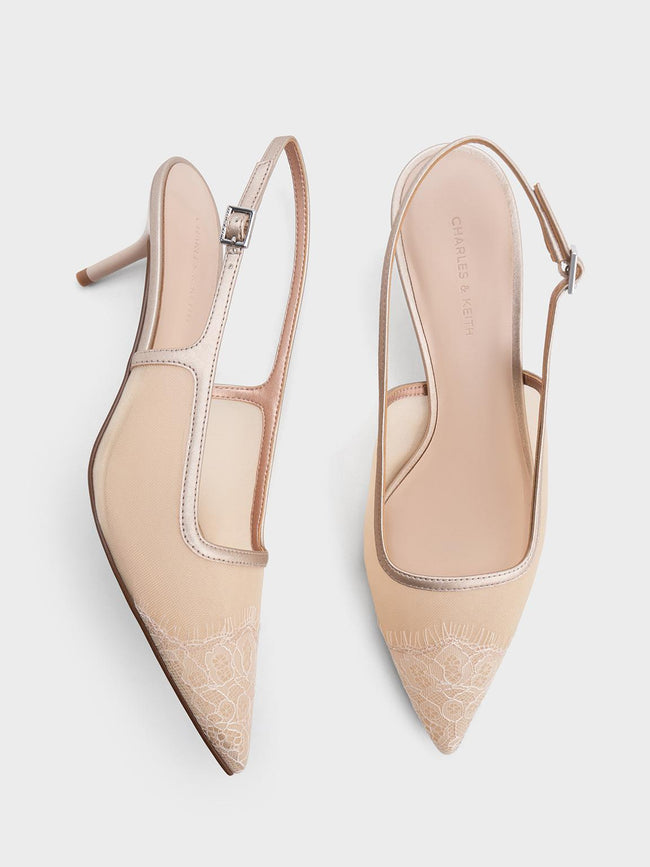CHARLES & KEITH Mesh & Lace Pointed-Toe Slingback Pumps_Nude