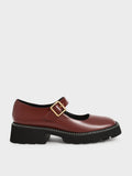 Metallic Buckle Patent Mary Janes Cognac