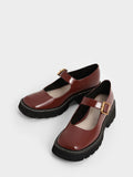 Metallic Buckle Patent Mary Janes Cognac