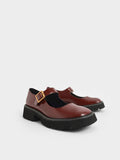 Metallic Buckle Patent Mary Janes Cognac