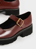 Metallic Buckle Patent Mary Janes Cognac