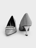 Gem-Embellished Glittered Pumps Pewter