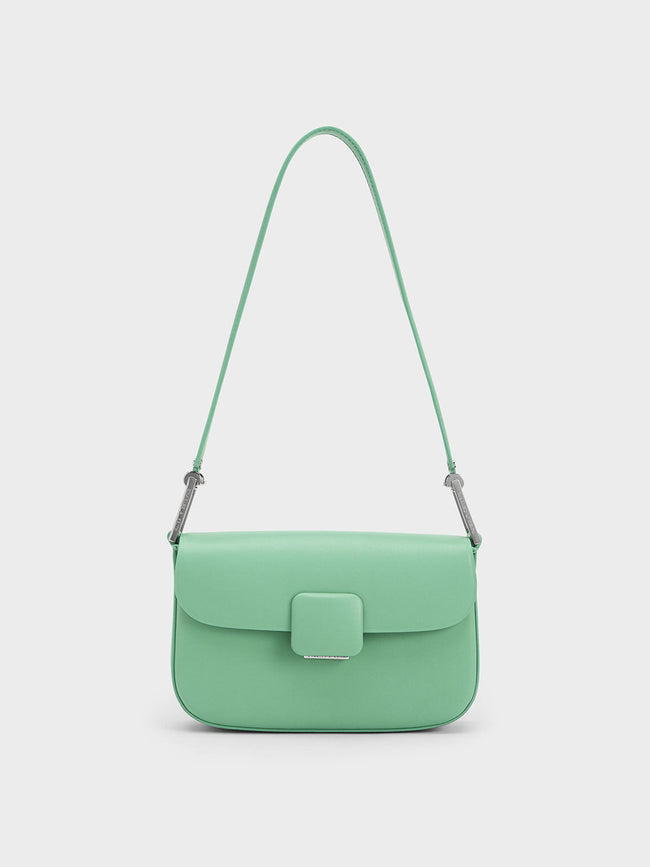 CHARLES & KEITH Women Koa Square Push Lock Shoulder Bag Green