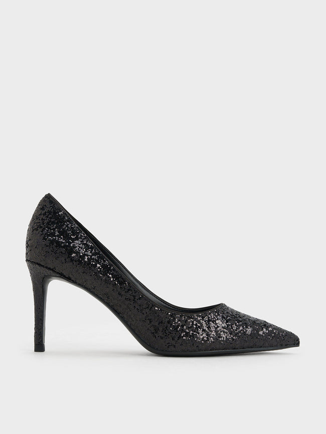 CHARLES & KEITH Emmy Glittered Pointed-Toe Pumps Black Textured