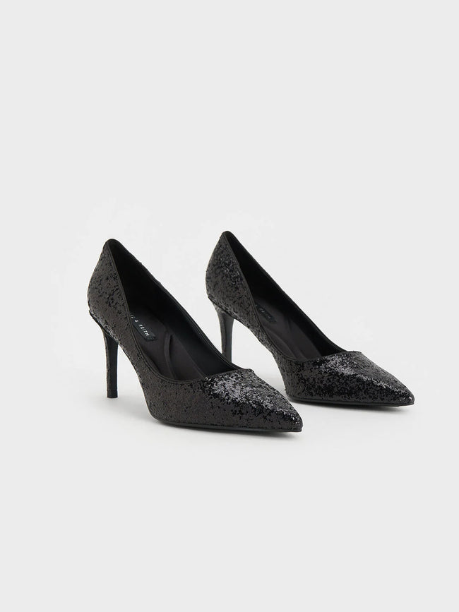 CHARLES & KEITH Emmy Glittered Pointed-Toe Pumps Black Textured