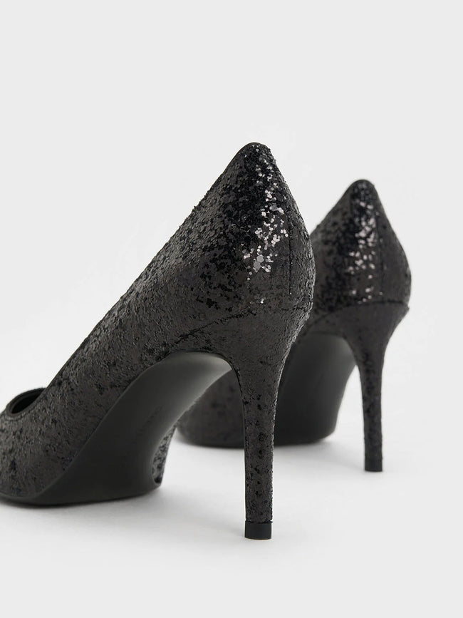 CHARLES & KEITH Emmy Glittered Pointed-Toe Pumps Black Textured