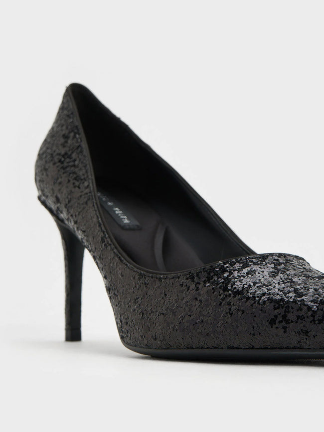 CHARLES & KEITH Emmy Glittered Pointed-Toe Pumps Black Textured