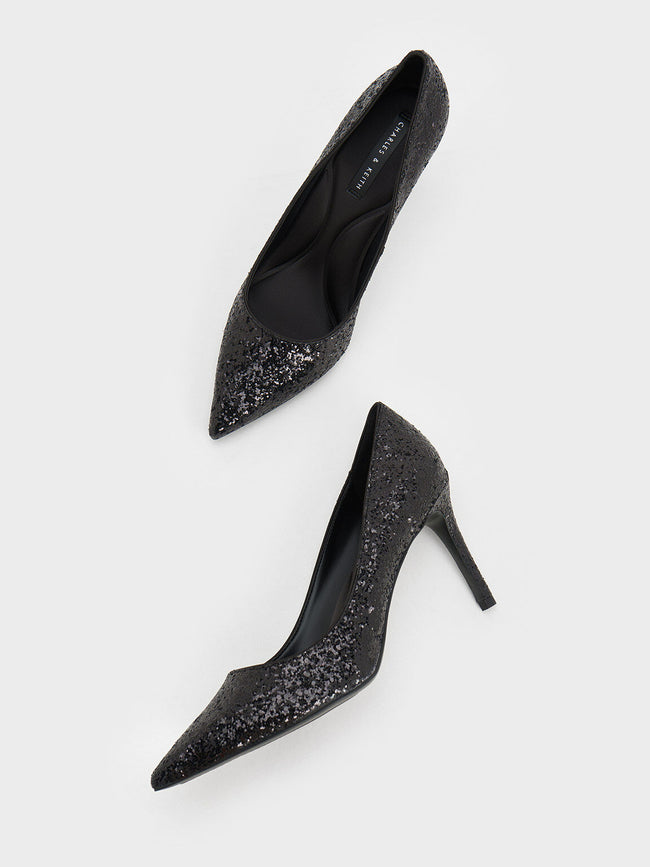 CHARLES & KEITH Emmy Glittered Pointed-Toe Pumps Black Textured