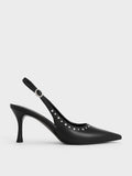 CHARLES & KEITH Women Studded Pointed Toe Slingback Pumps Black Black