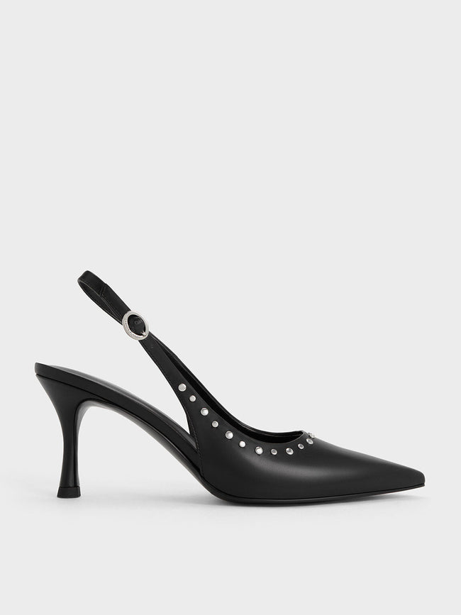 CHARLES & KEITH Women Studded Pointed Toe Slingback Pumps Black Black