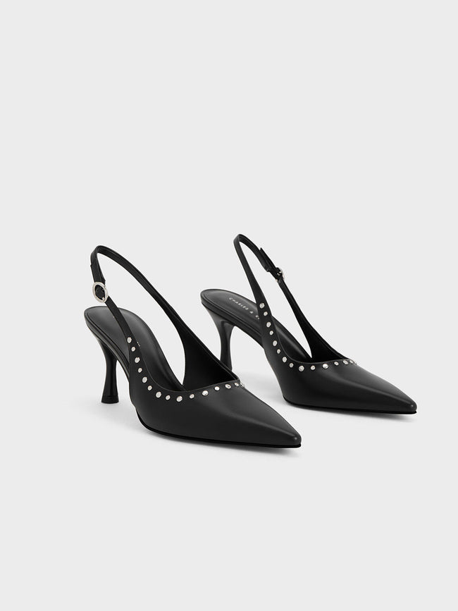 CHARLES & KEITH Women Studded Pointed Toe Slingback Pumps Black Black