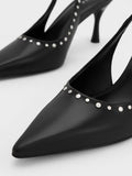 CHARLES & KEITH Women Studded Pointed Toe Slingback Pumps Black Black