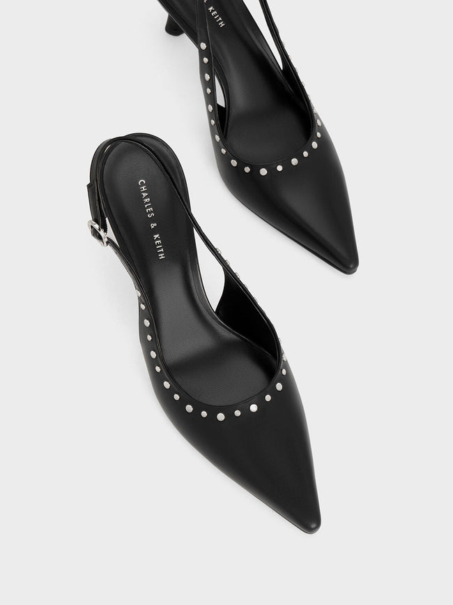 CHARLES & KEITH Women Studded Pointed Toe Slingback Pumps Black Black