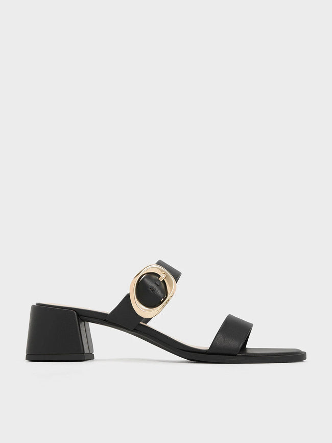 CHARLES & KEITH Oval Buckle-Accent Trapeze-Heel Mules Black