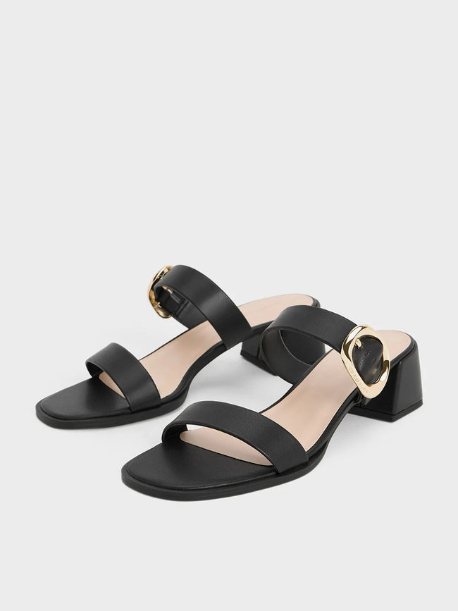 CHARLES & KEITH Oval Buckle-Accent Trapeze-Heel Mules Black