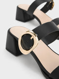 CHARLES & KEITH Oval Buckle-Accent Trapeze-Heel Mules Black