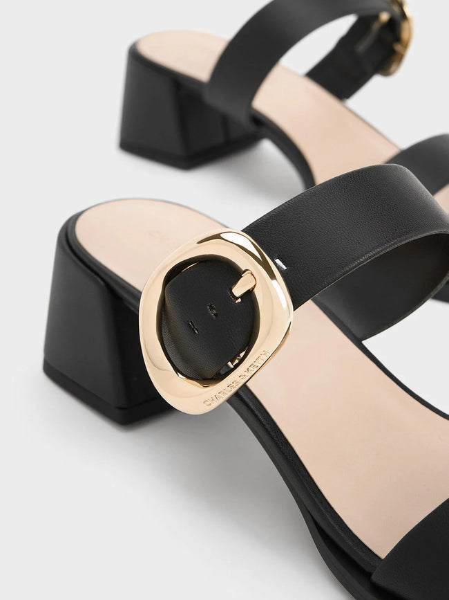 CHARLES & KEITH Oval Buckle-Accent Trapeze-Heel Mules Black