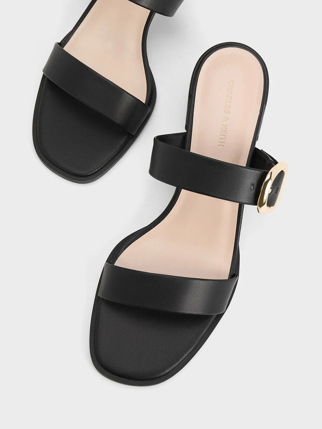 CHARLES & KEITH Oval Buckle-Accent Trapeze-Heel Mules Black