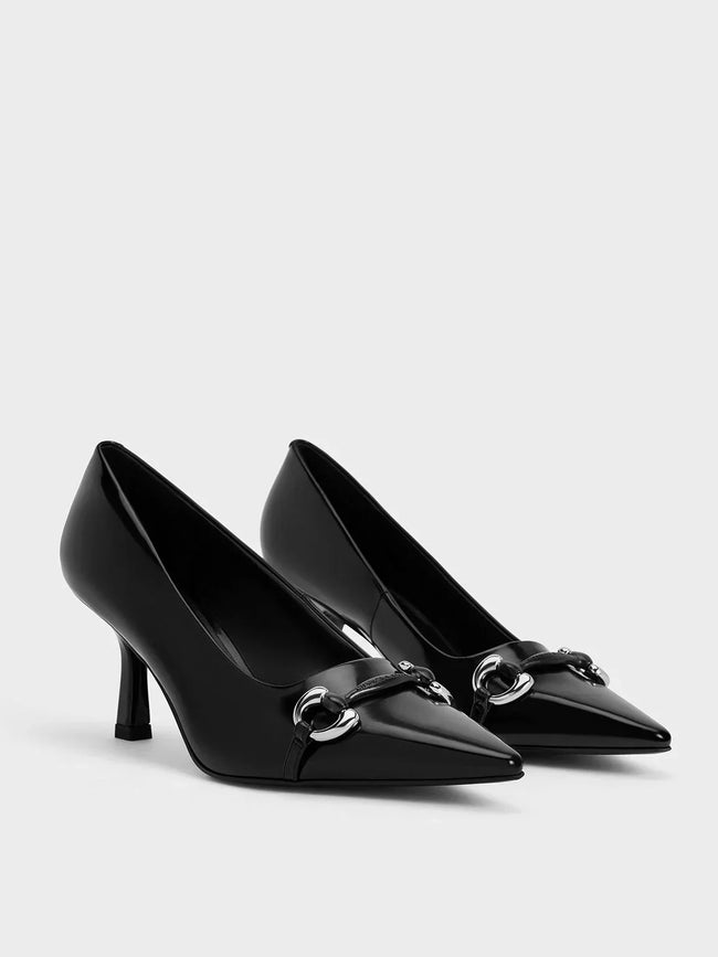 CHARLES & KEITH Women  Metallic Accent Pointed Toe Pumps Black Box