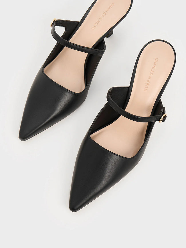 CHARLES & KEITH Buckle-Strap Heeled Mules Black