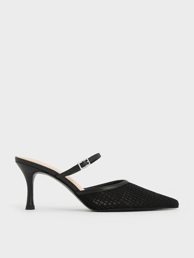 CHARLES & KEITH Mesh Woven Heeled Mules  Black Textured