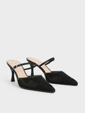 CHARLES & KEITH Women Mesh Woven Heeled Mules Black Textured