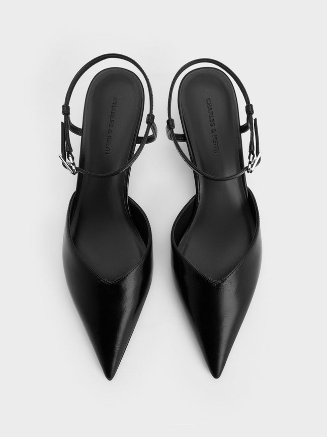CHARLES & KEITH Crinkle-Effect Kitten-Heel Pointed-Toe Pumps Black