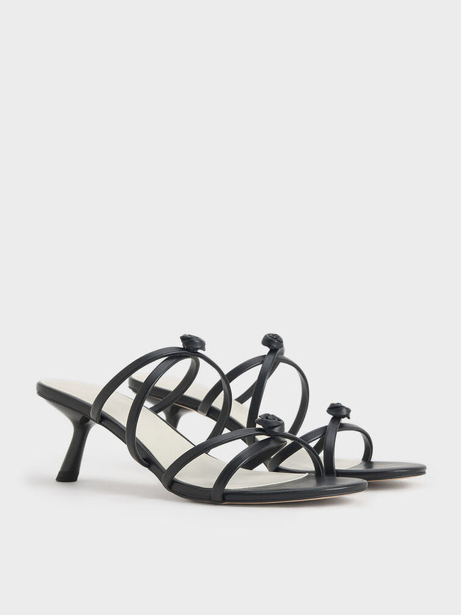 CHARLES & KEITH Women Rose Embellished Slant Heel Strappy Mules Black