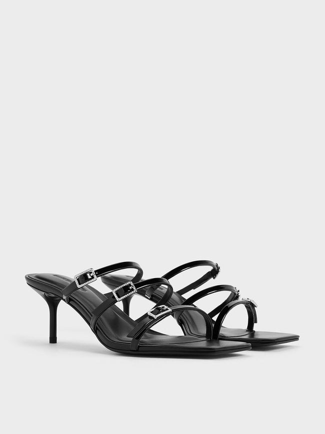 CHARLES & KEITH_Recycled Polyester Crystal-Buckle Heeled Mules_Black Patent