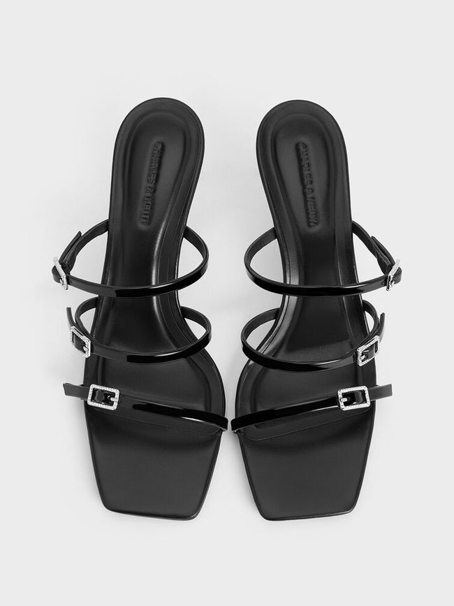 CHARLES & KEITH_Recycled Polyester Crystal-Buckle Heeled Mules_Black Patent