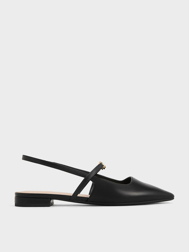 CHARLES & KEITH Metallic-Accent Pointed-Toe Slingback Flats Black