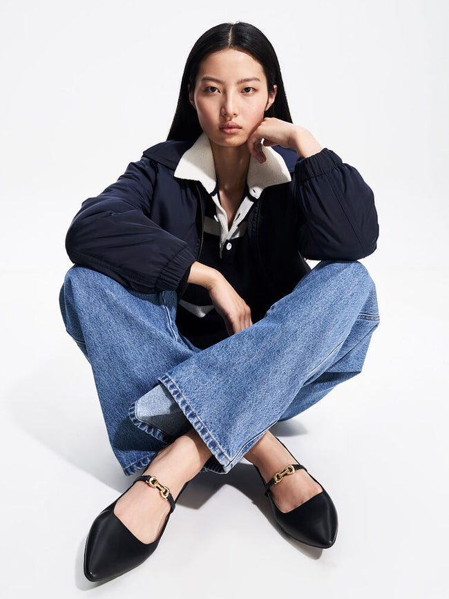 CHARLES & KEITH Metallic-Accent Pointed-Toe Slingback Flats Black