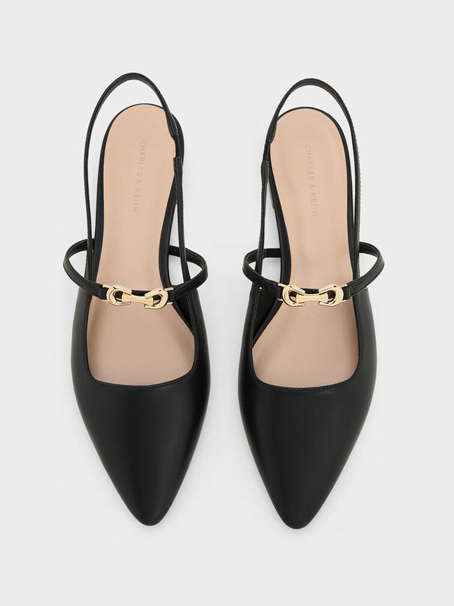 CHARLES & KEITH Metallic-Accent Pointed-Toe Slingback Flats Black