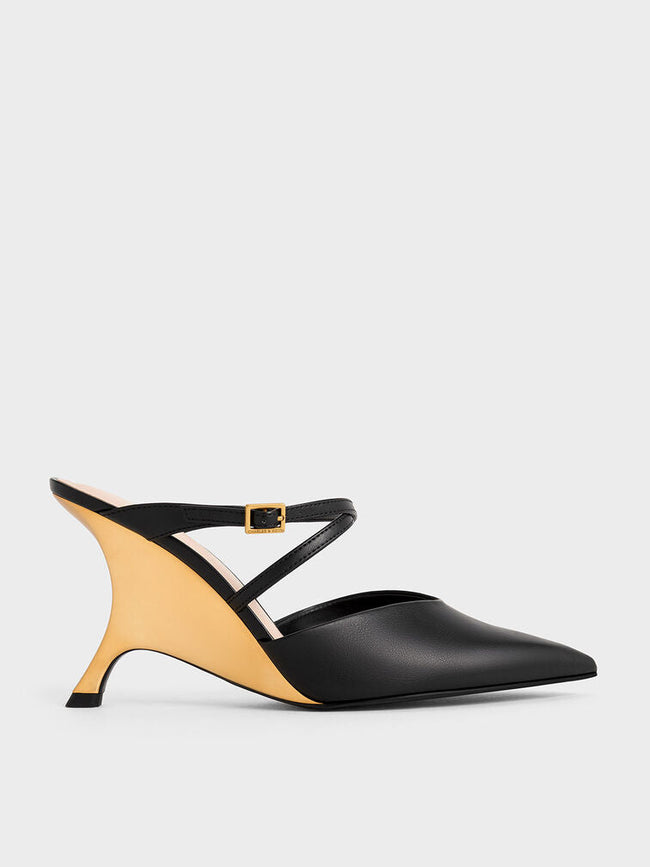 CHARLES & KEITH Women Crossover Strap Sculptural Heel Wedges Black