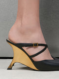 CHARLES & KEITH Women Crossover Strap Sculptural Heel Wedges Black