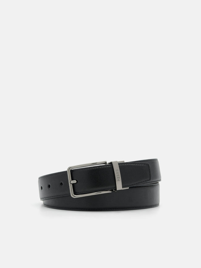 PEDRO Embossed Leather Reversible Pin Belt-Black