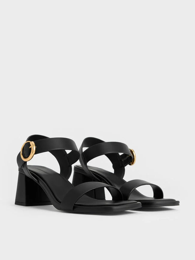 CHARLES & KEITH_Buckled Square-Toe Trapeze-Heel Sandals_Black