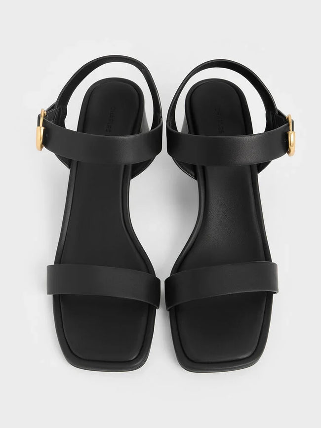 CHARLES & KEITH_Buckled Square-Toe Trapeze-Heel Sandals_Black