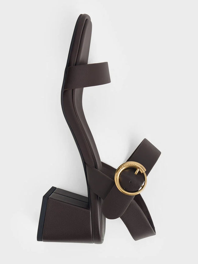 CHARLES & KEITH_Buckled Square-Toe Trapeze-Heel Sandals_Dark Brown