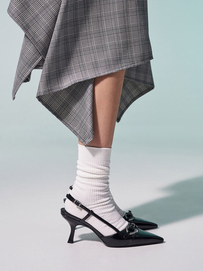 CHARLES & KEITH_Woven Fabric Metallic-Accent Slant-Heel Slingback Pumps_Black Box