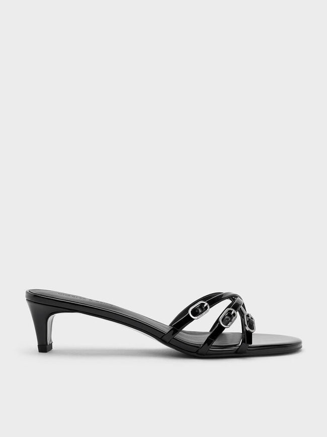 CHARLES & KEITH Patent Buckled Strappy Kitten-Heel Mules_Black Patent
