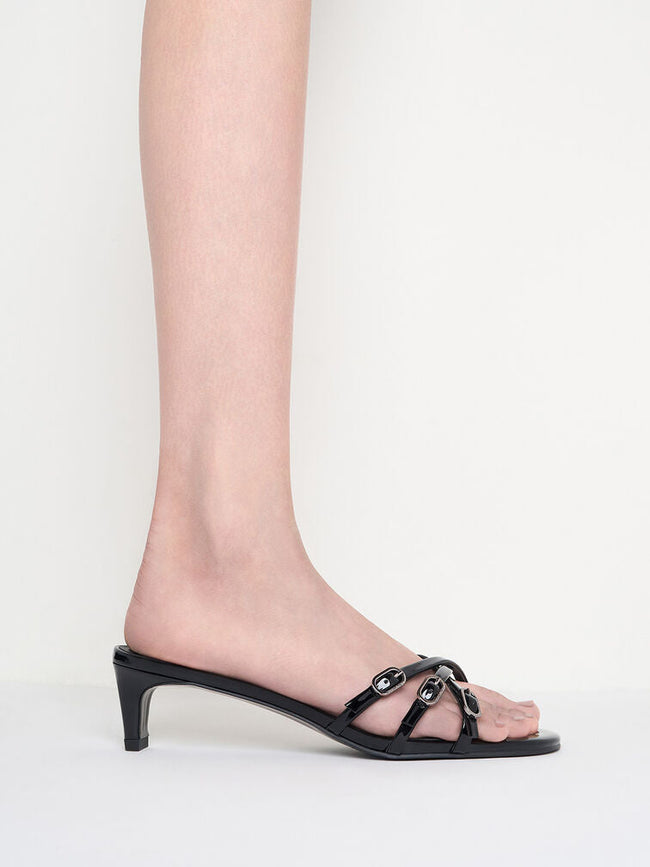 CHARLES & KEITH Patent Buckled Strappy Kitten-Heel Mules_Black Patent