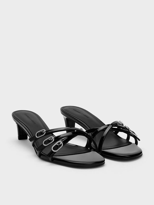 CHARLES & KEITH Patent Buckled Strappy Kitten-Heel Mules_Black Patent