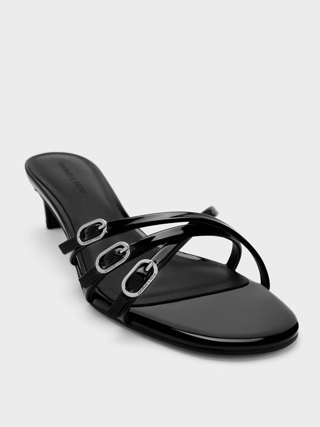 CHARLES & KEITH Patent Buckled Strappy Kitten-Heel Mules_Black Patent