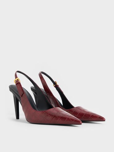 CHARLES & KEITH Croc-Effect Cone-Heel Pointed-Toe Pumps_Animal Print Red