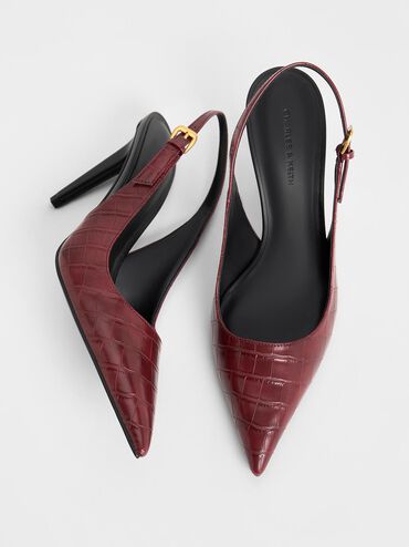CHARLES & KEITH Croc-Effect Cone-Heel Pointed-Toe Pumps_Animal Print Red