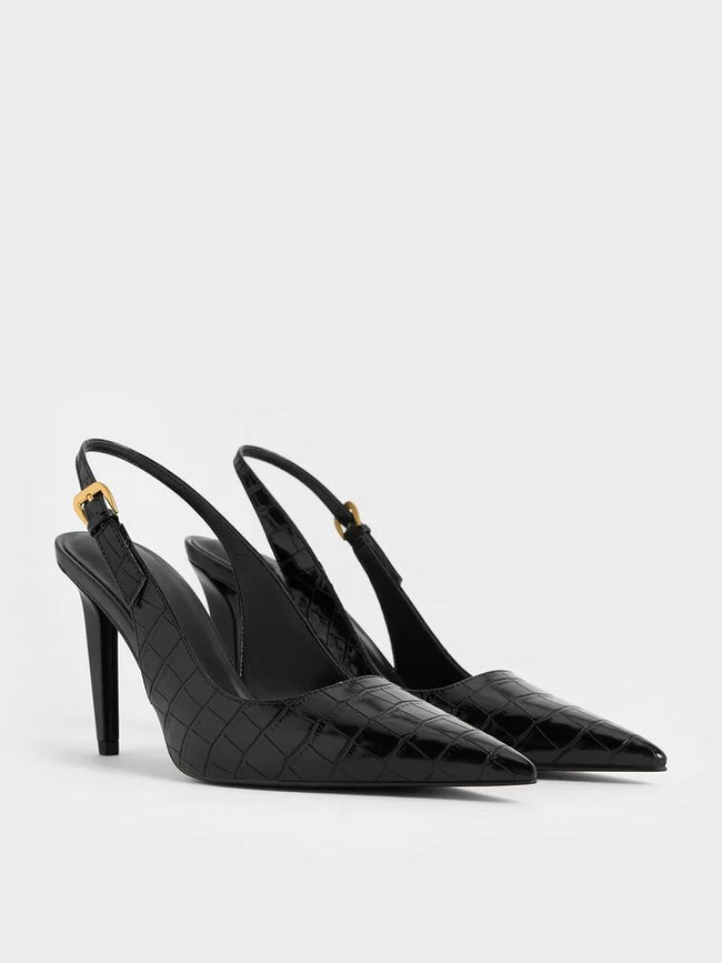 CHARLES & KEITH Croc-Effect Cone-Heel Pointed-Toe Pumps_Animal Print Black