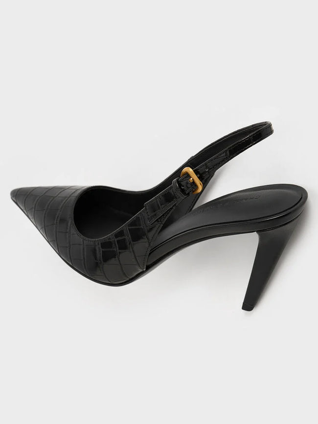 CHARLES & KEITH Croc-Effect Cone-Heel Pointed-Toe Pumps_Animal Print Black