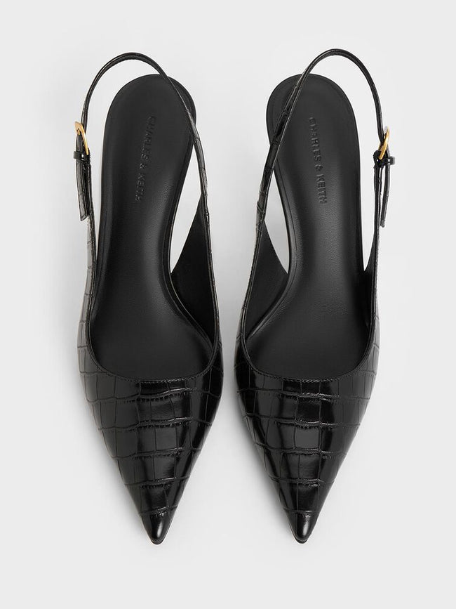 CHARLES & KEITH Croc-Effect Cone-Heel Pointed-Toe Pumps_Animal Print Black