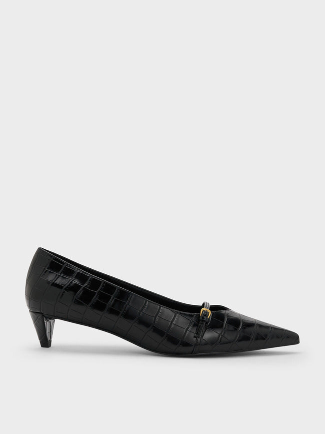 Charles & Keith Croc-Effect Buckled Pointed-Toe Kitten-Heel Pumps - Animal Print Black